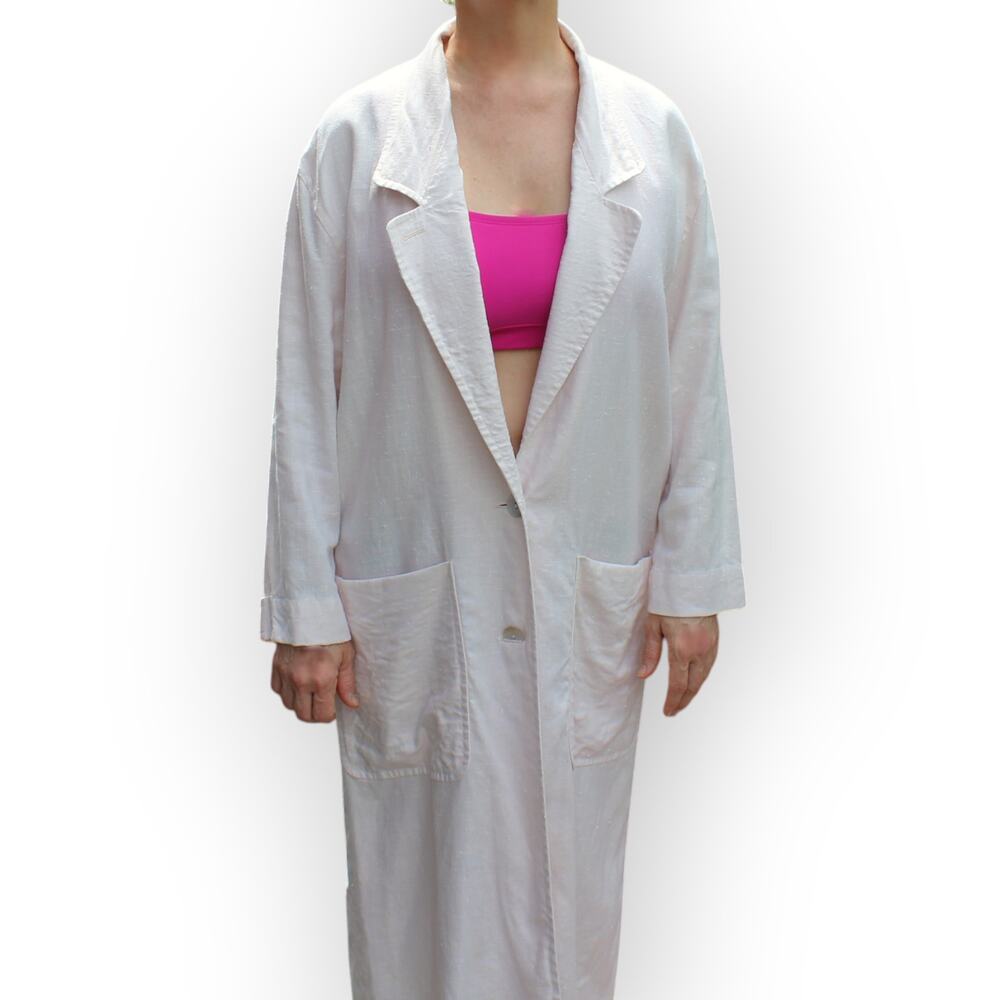 Medium Vintage Linen Duster PalePink 80s Oversize LizClaiborne Midi Jacket - Picture 16 of 16